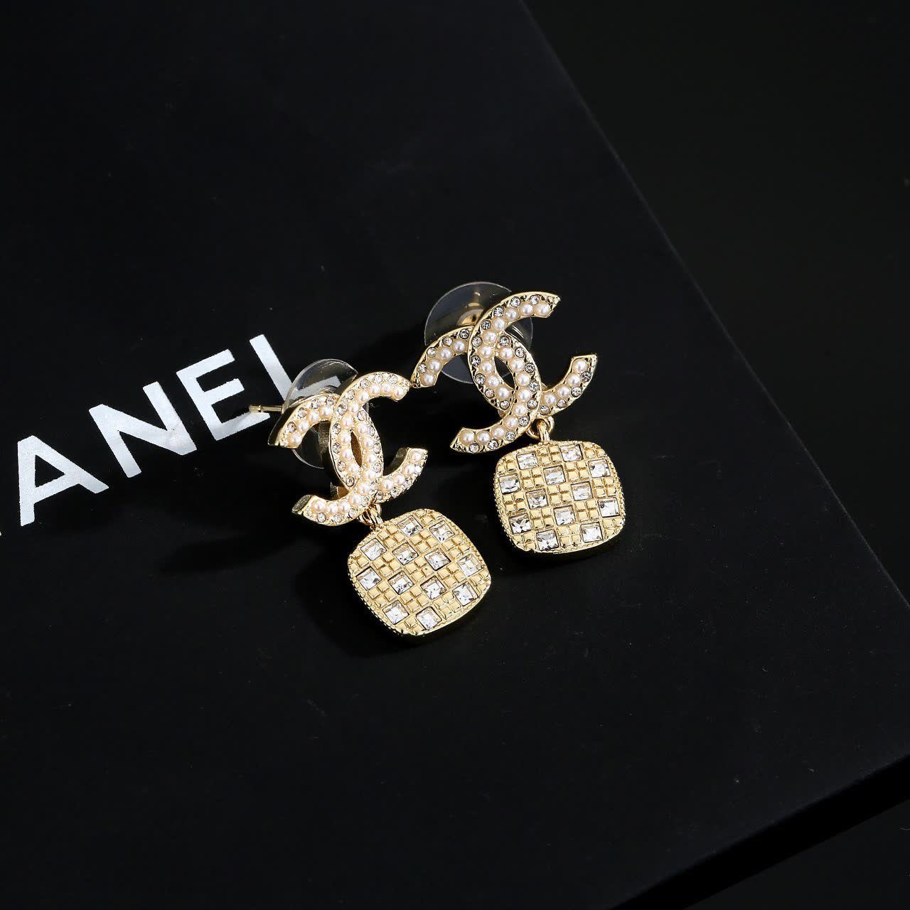 Chanel CC Logo Crystal Drop Earrings