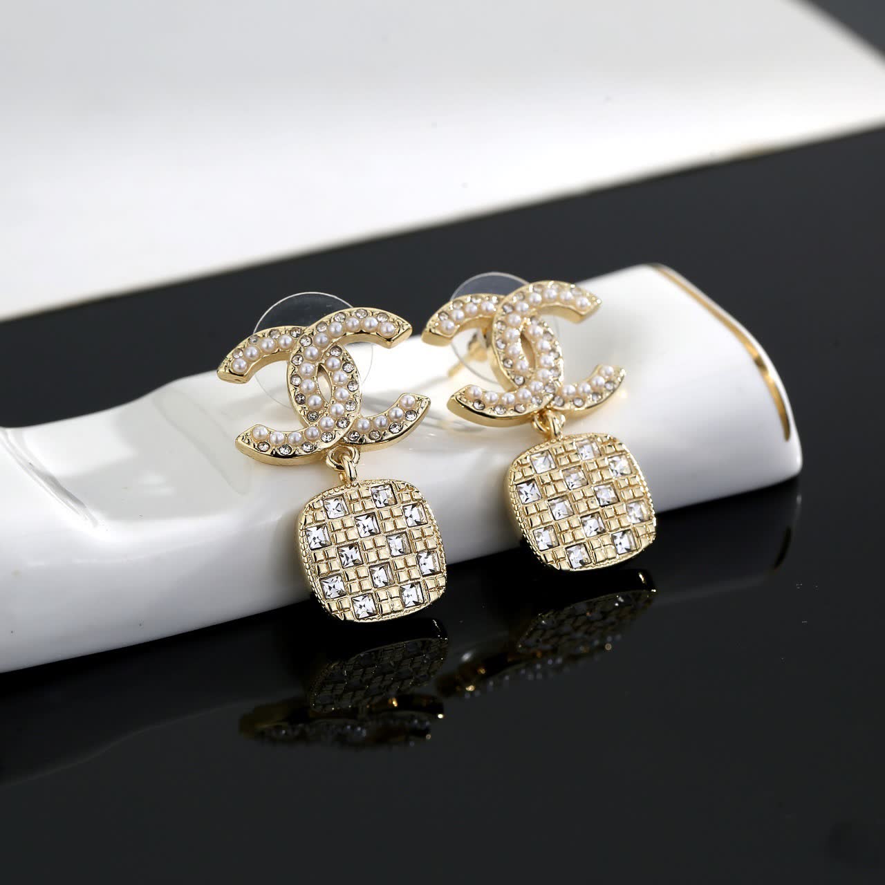 Chanel CC Logo Crystal Drop Earrings