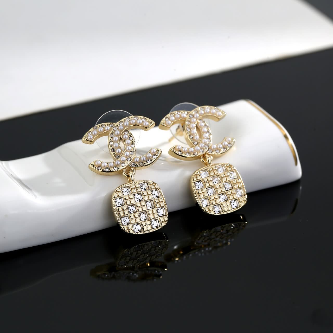 Chanel CC Logo Crystal Drop Earrings
