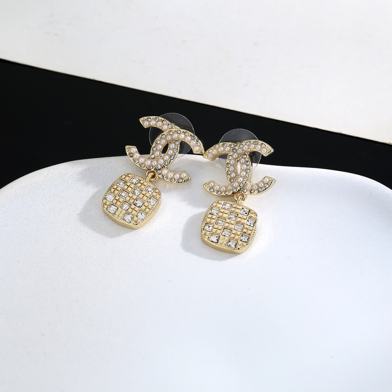 Chanel CC Logo Crystal Drop Earrings