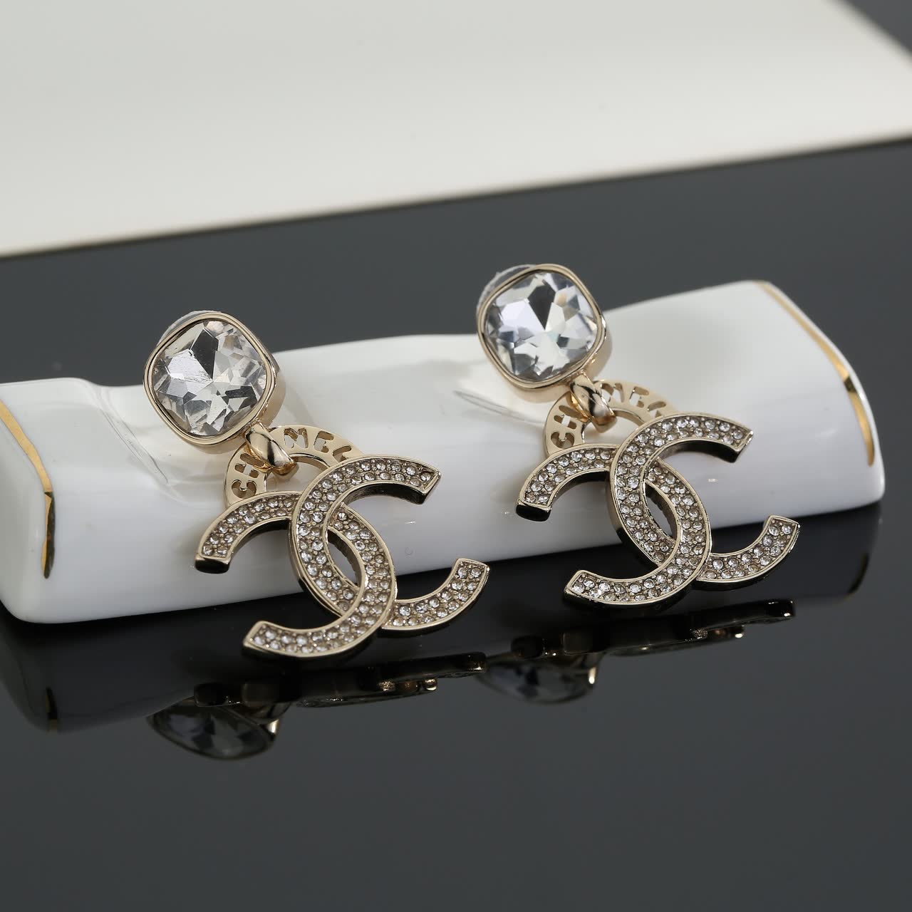 Chanel CC Logo Crystal Stud Earrings