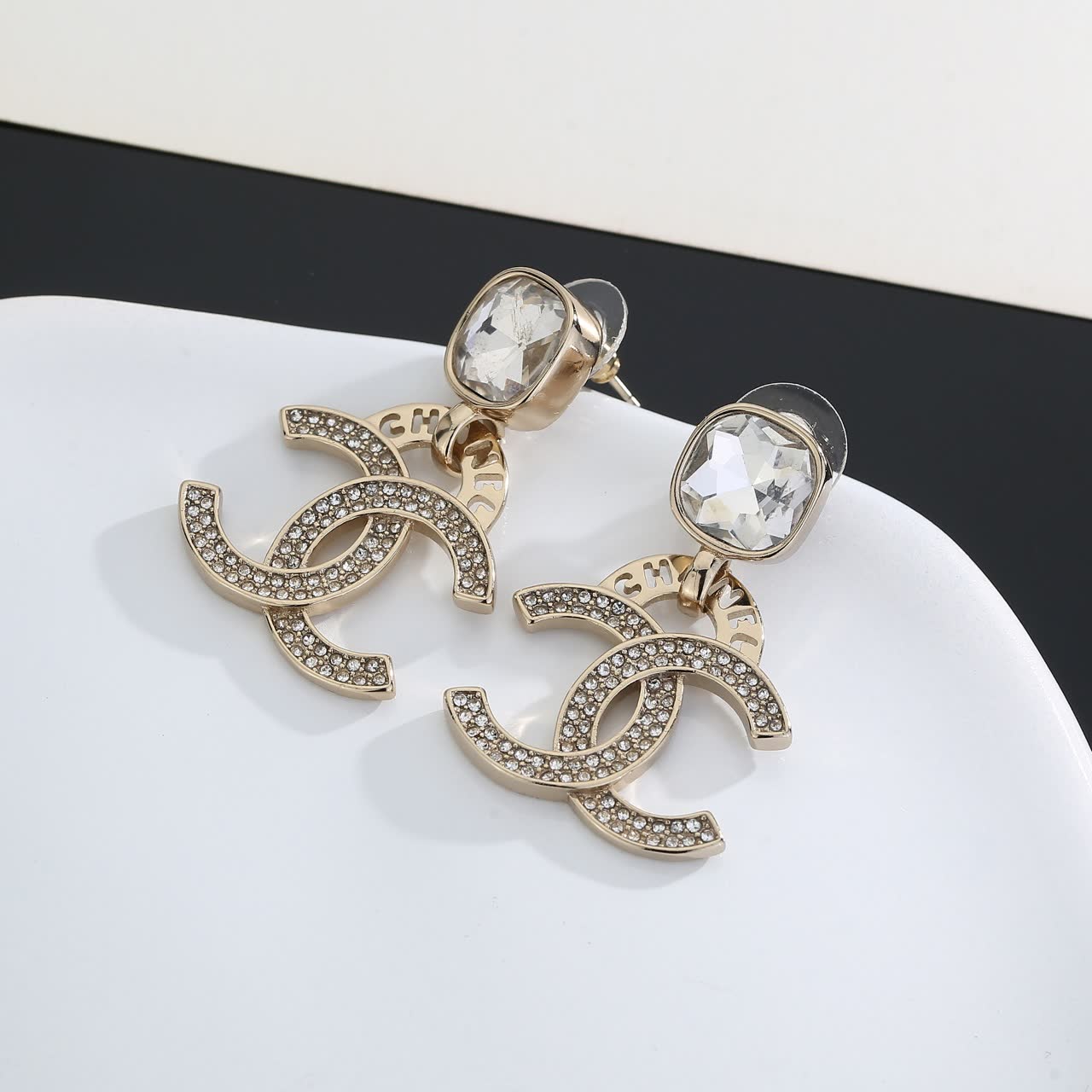 Chanel CC Logo Crystal Stud Earrings