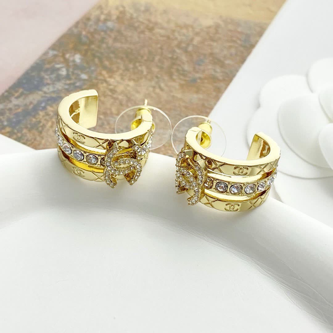 Chanel CC Logo Crystal Hoop Earrings
