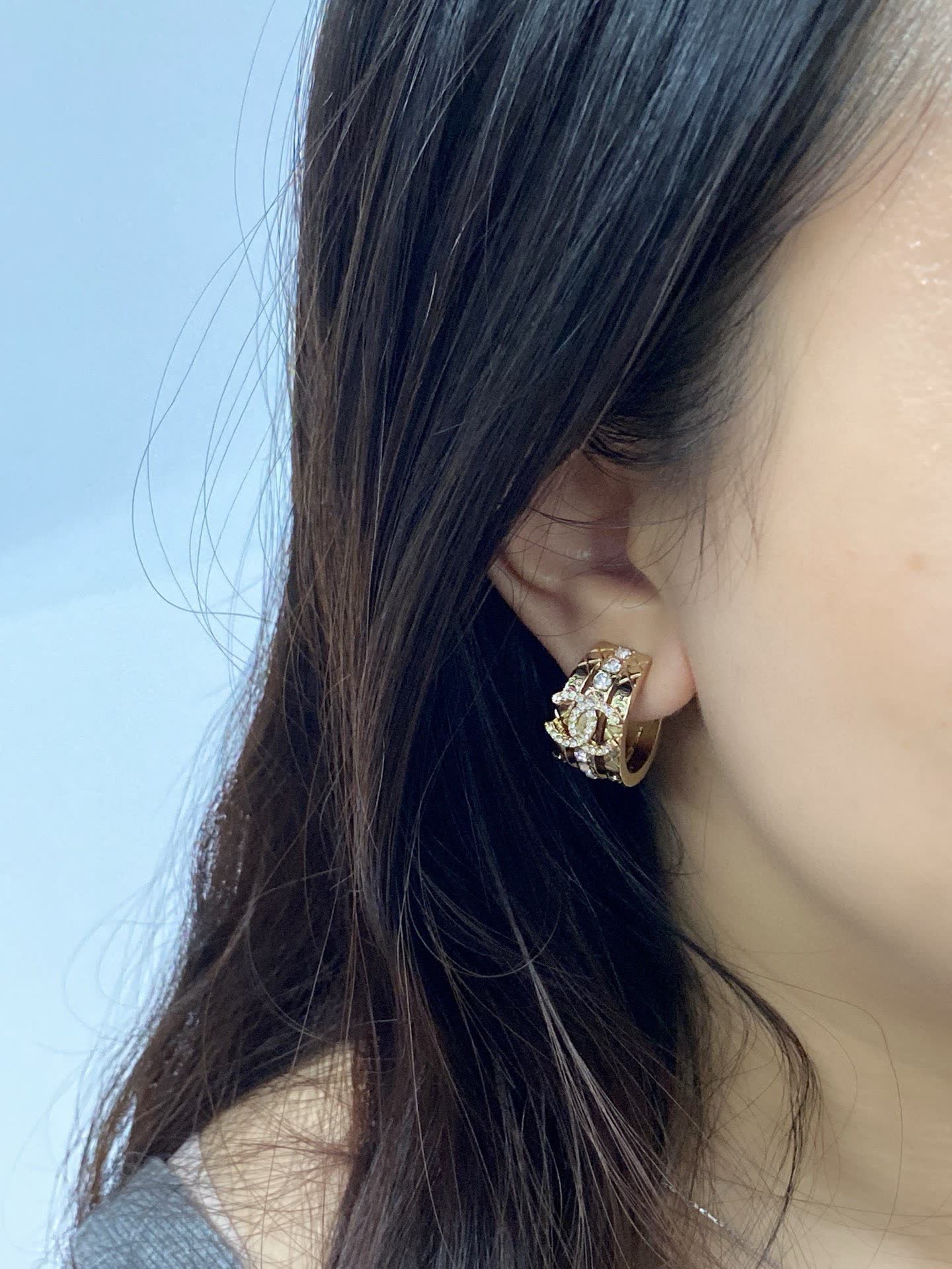 Chanel CC Logo Crystal Hoop Earrings