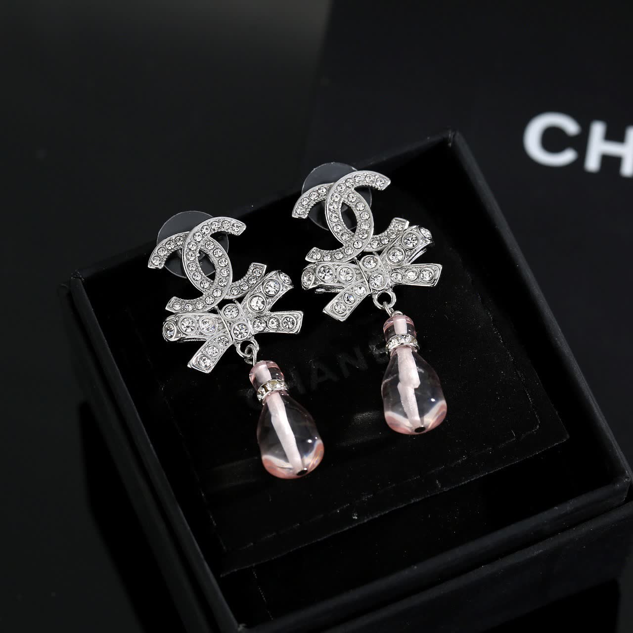 Chanel CC Crystal Bow Drop Earrings
