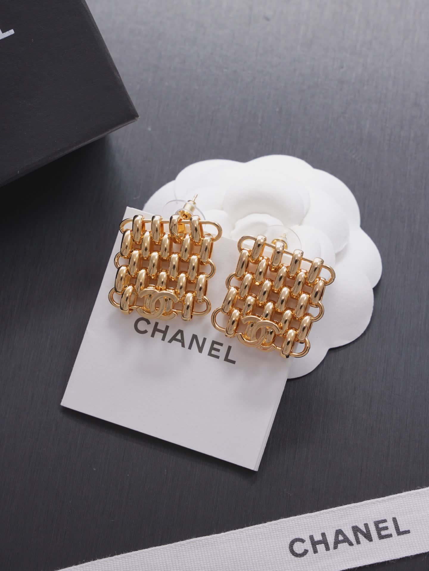 Chanel CC Logo Gold Tone Stud Earrings
