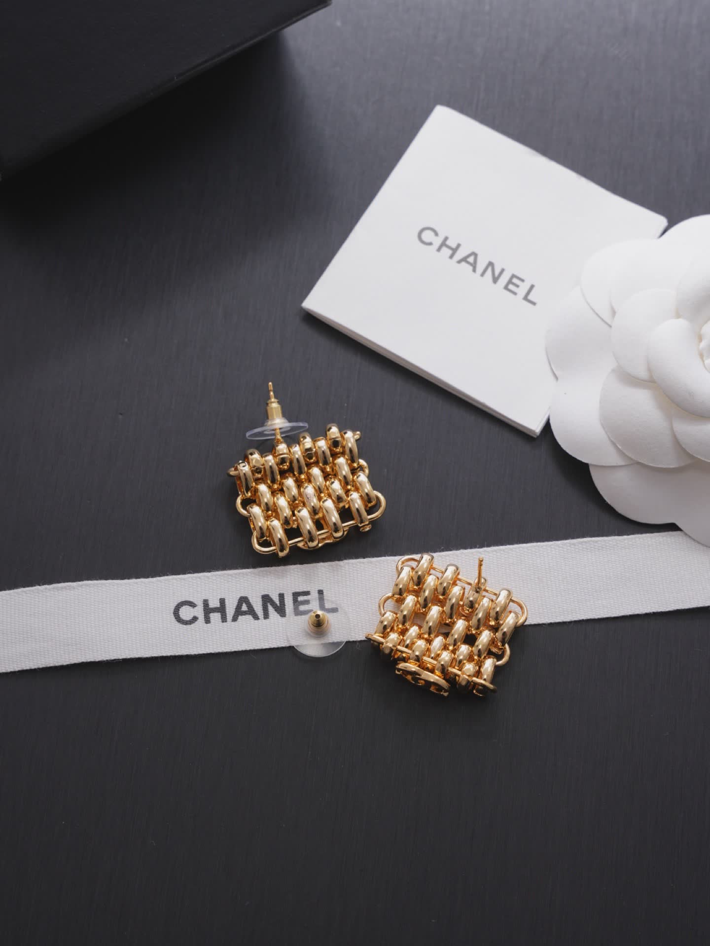 Chanel CC Logo Gold Tone Stud Earrings
