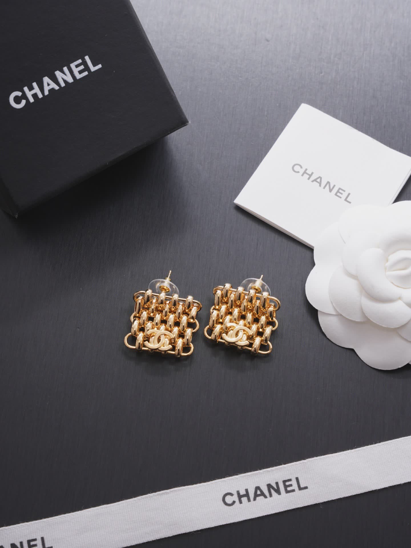 Chanel CC Logo Gold Tone Stud Earrings