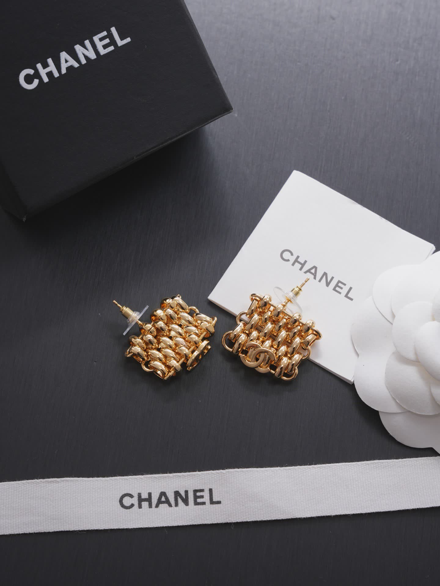 Chanel CC Logo Gold Tone Stud Earrings