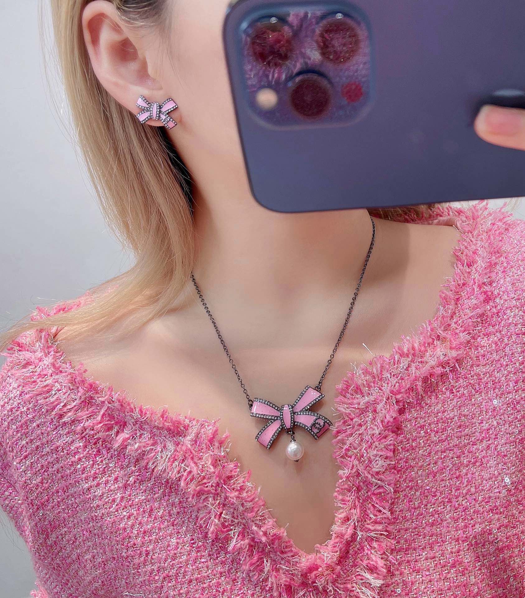 Chanel Pink Bow Earrings and Necklace Set Chanel Pink Bow Earrings and Necklace Set