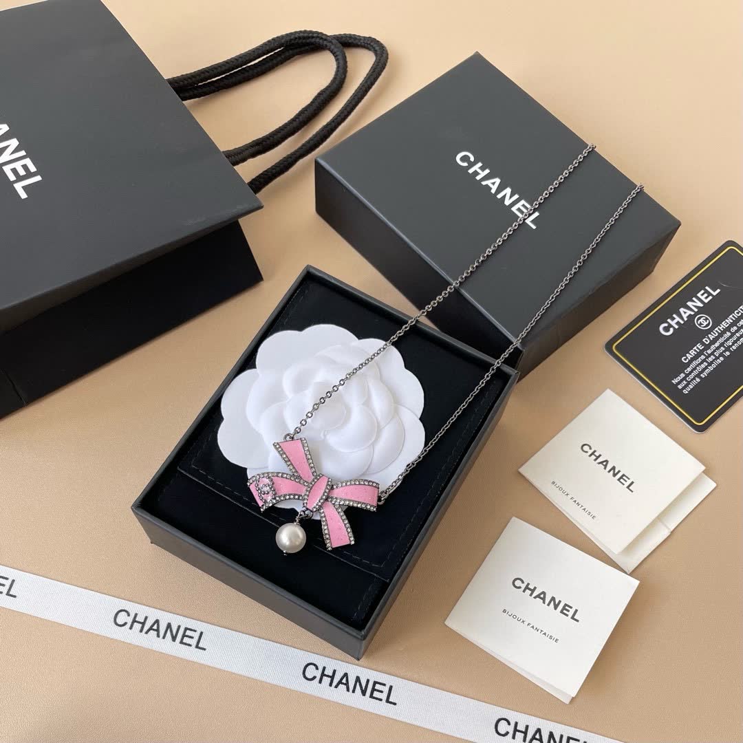Chanel Pink Bow Earrings and Necklace Set