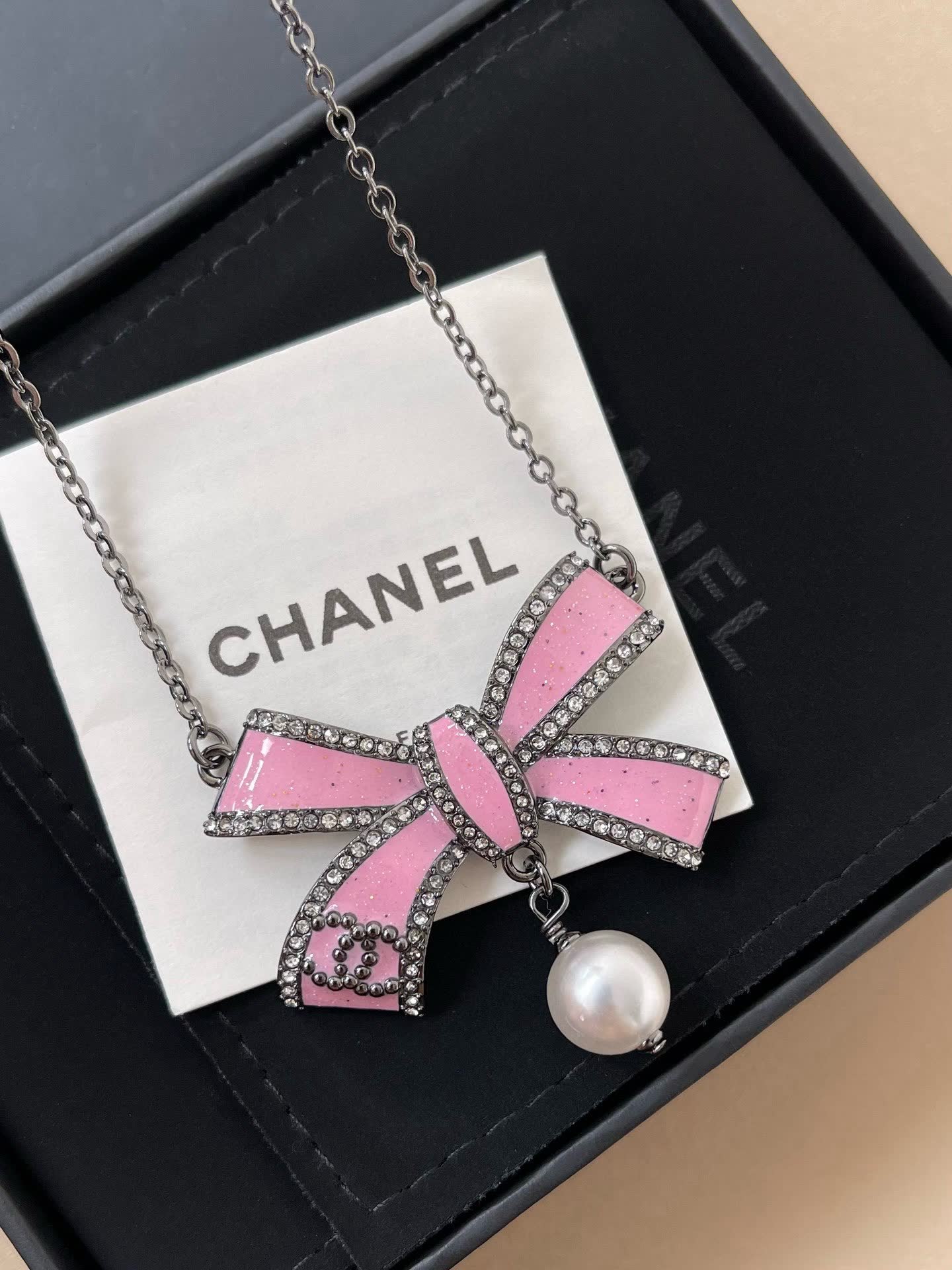 Chanel Pink Bow Earrings and Necklace Set