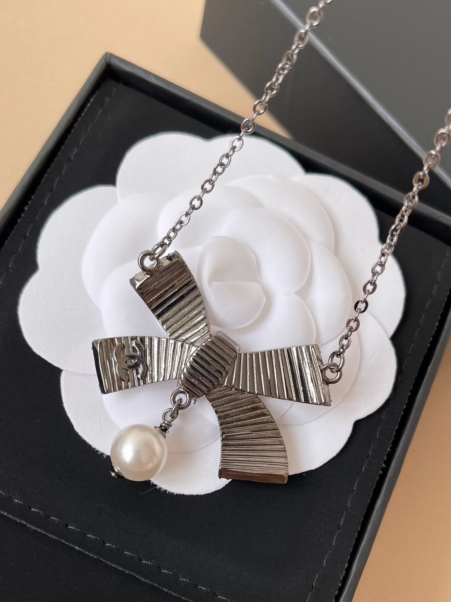 Chanel Pink Bow Earrings and Necklace Set