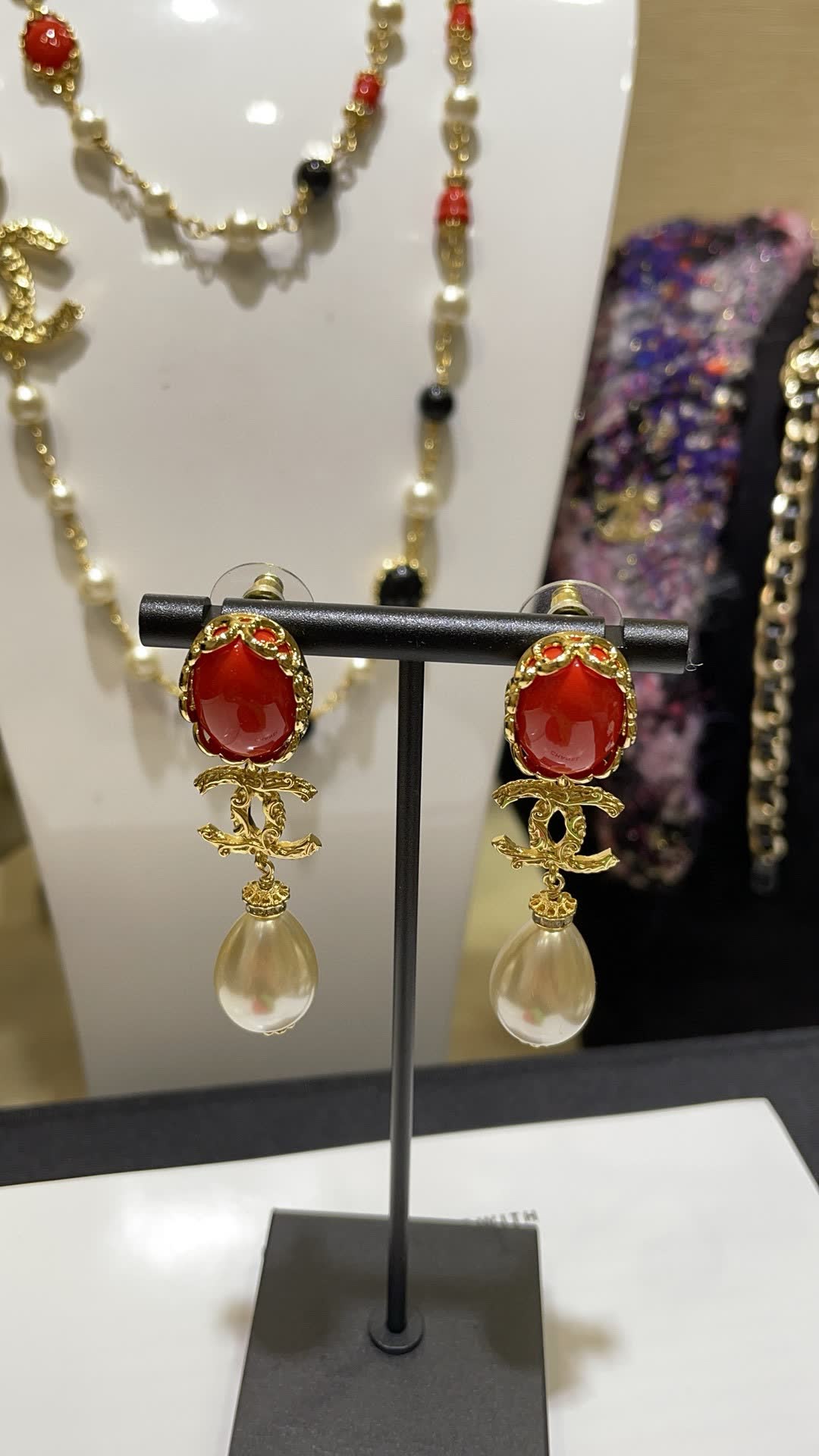 Chanel CC Logo Coral and Pearl Earrings