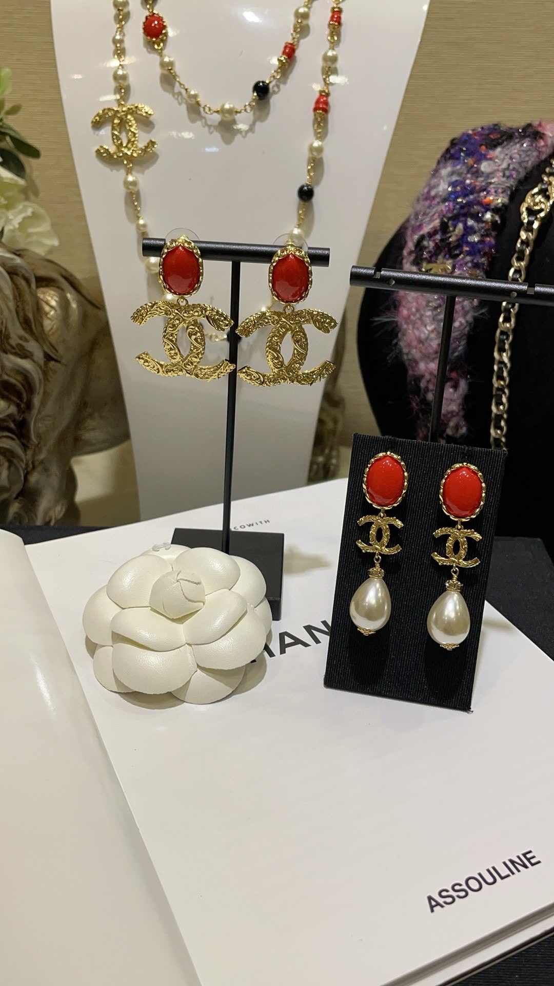 Chanel CC Logo Coral and Pearl Earrings