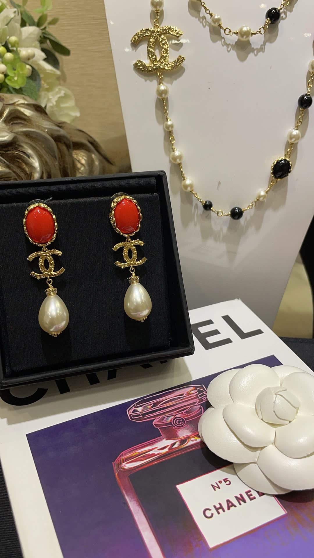 Chanel CC Logo Coral and Pearl Earrings