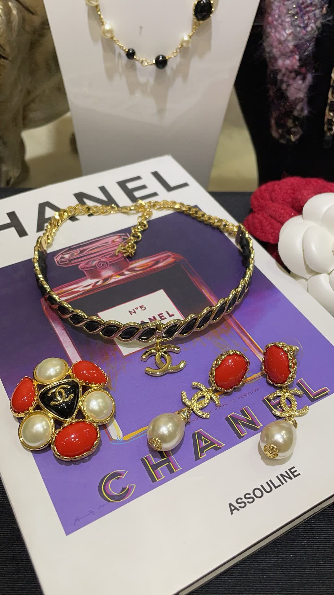 Chanel CC Logo Coral and Pearl Earrings
