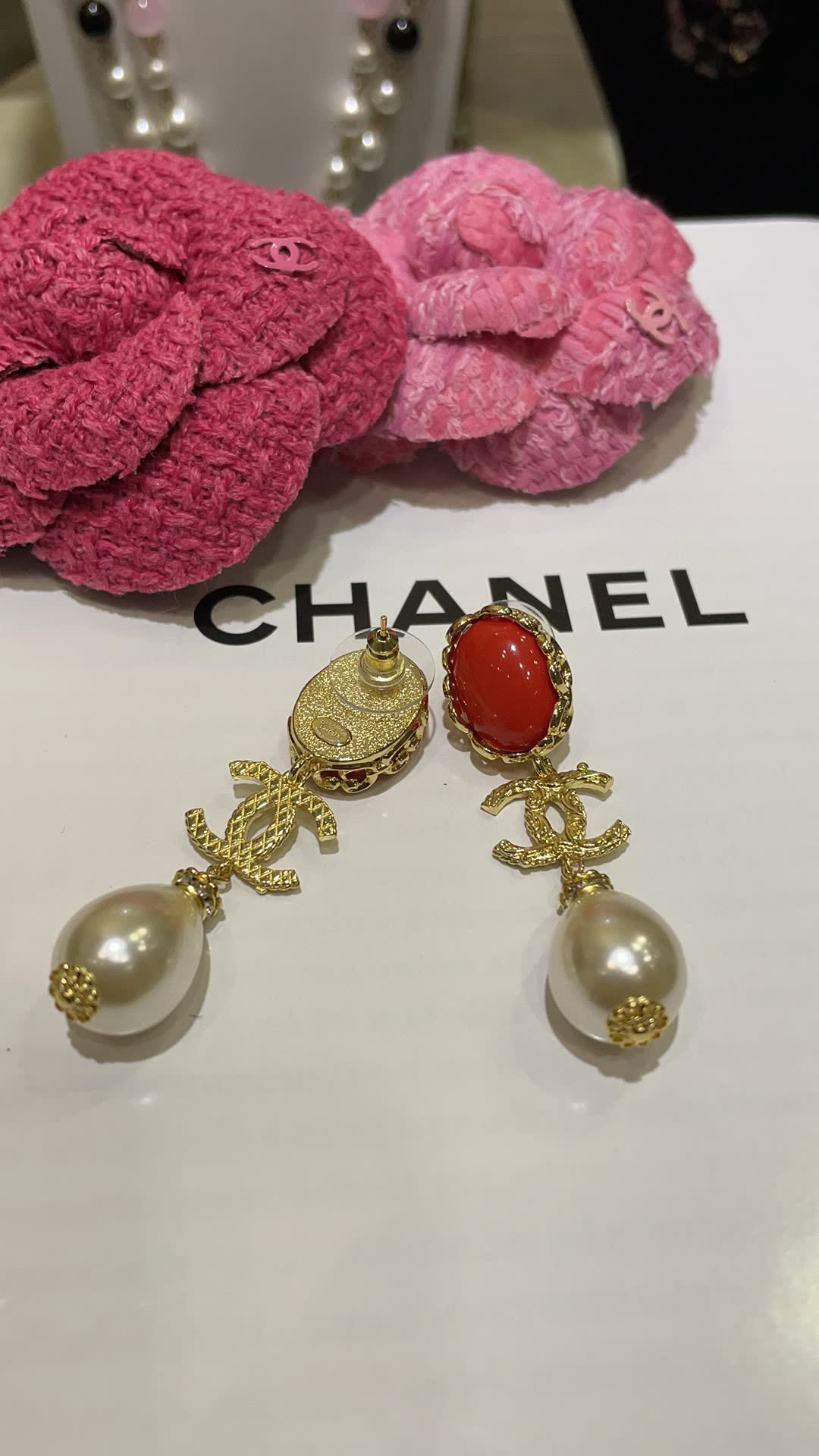 Chanel CC Logo Coral and Pearl Earrings