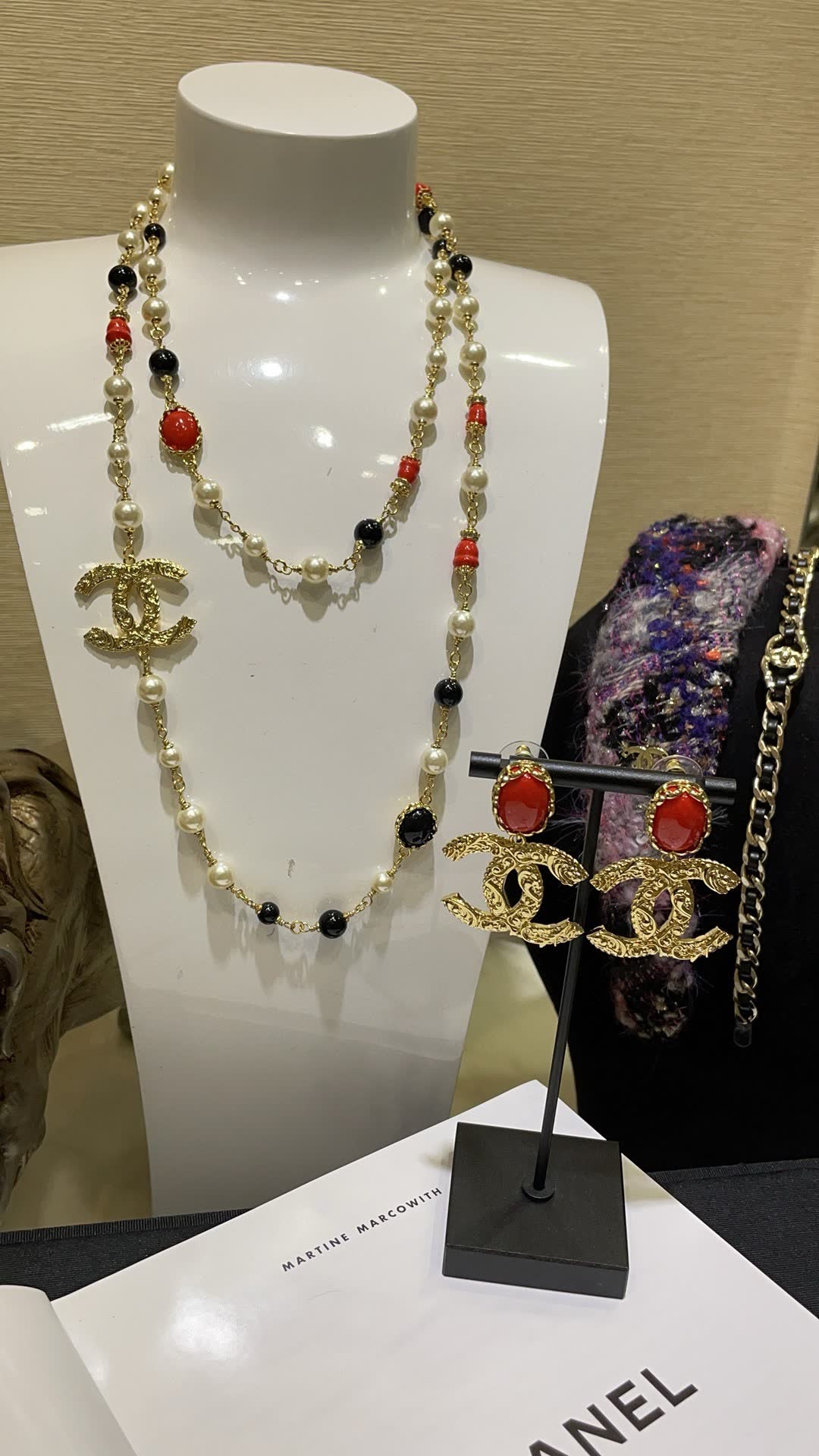 Chanel CC Logo Coral and Pearl Earrings
