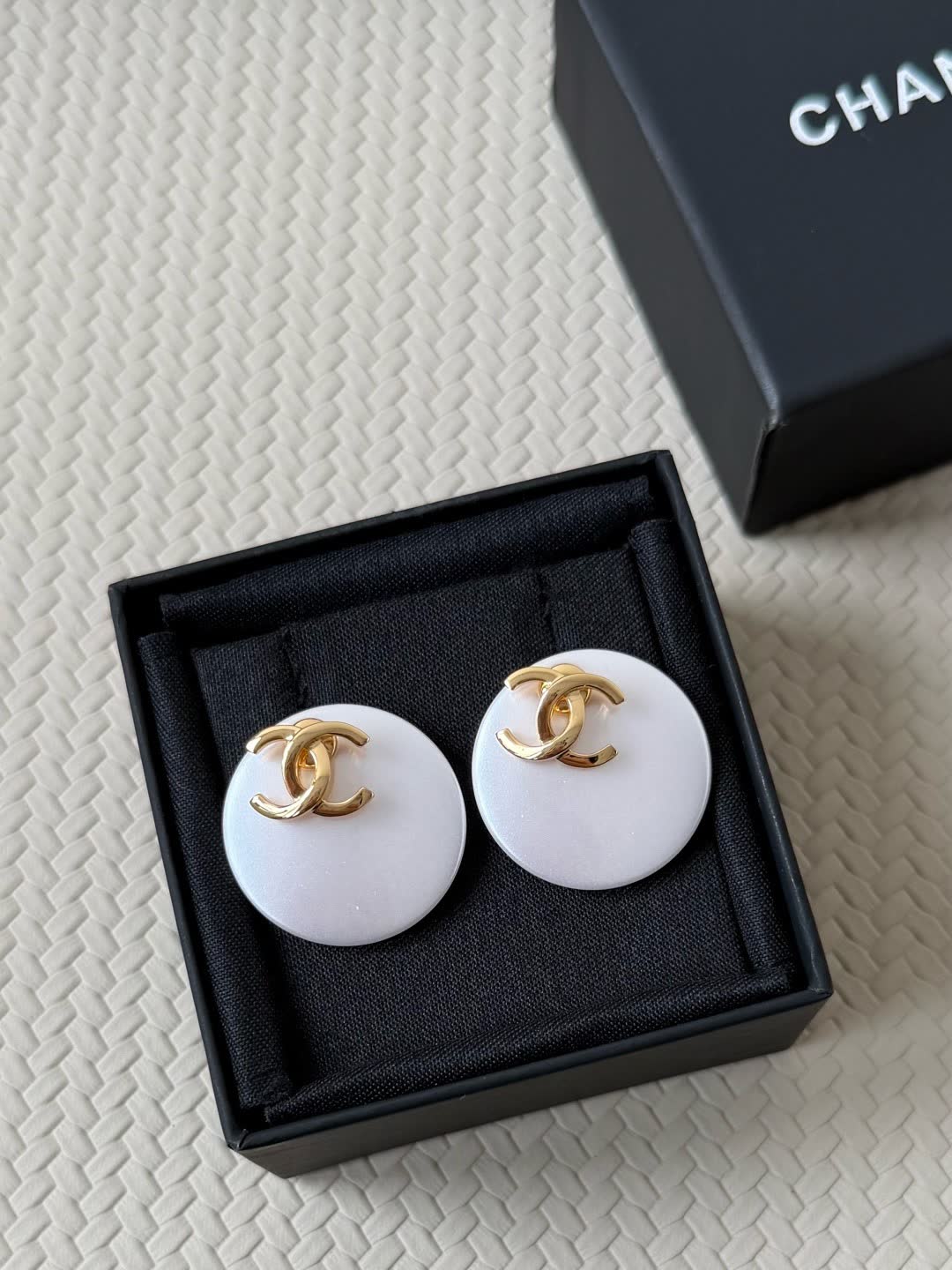 Chanel CC Logo White Pearl Earrings