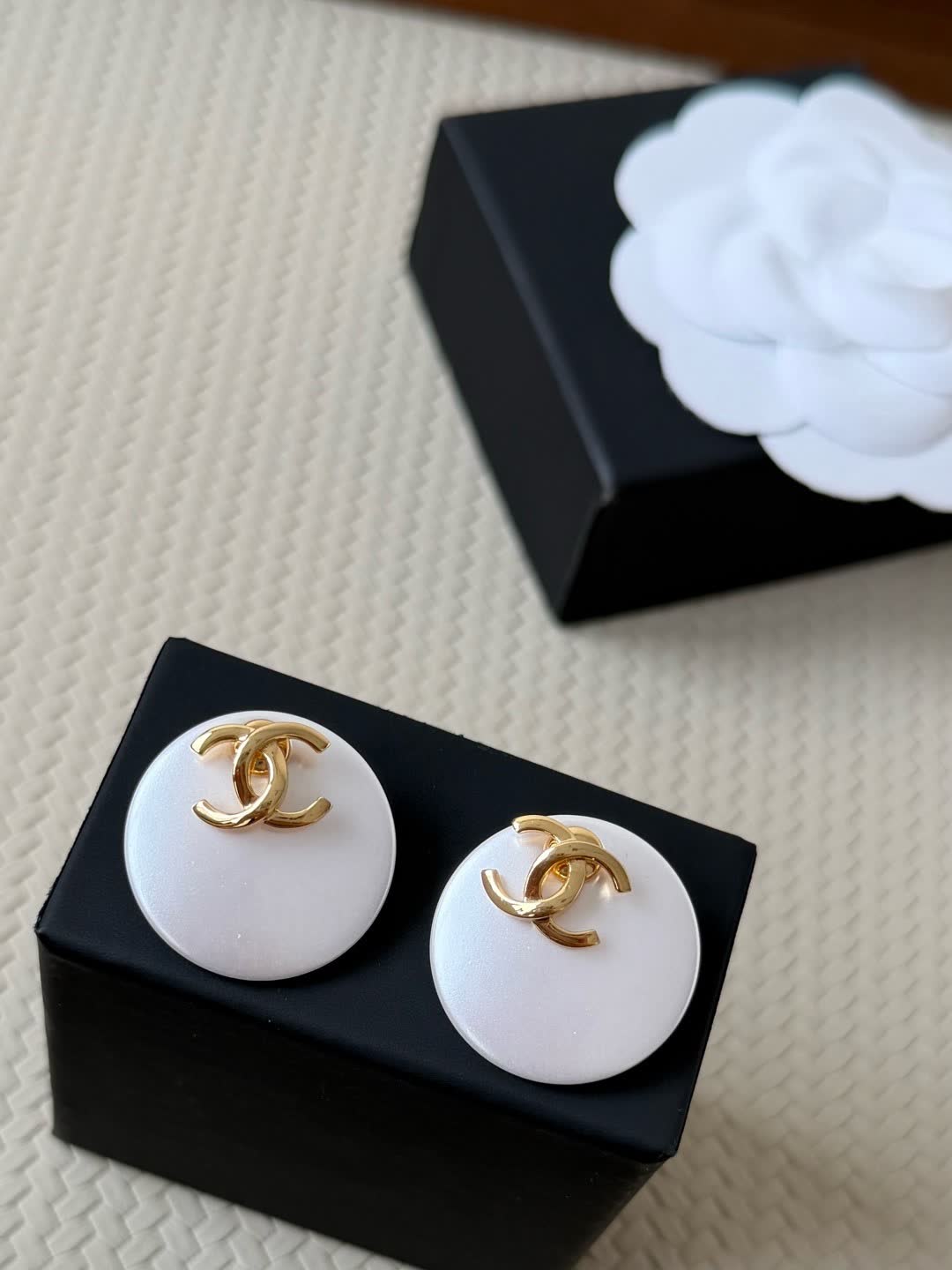 Chanel CC Logo White Pearl Earrings