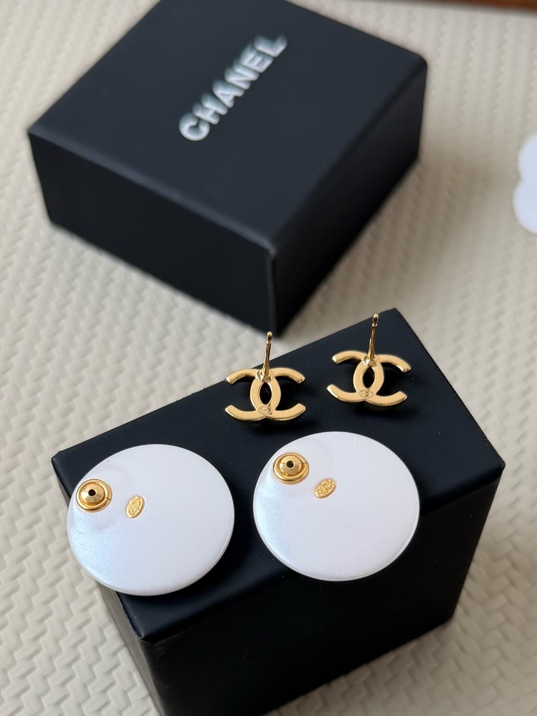 Chanel CC Logo White Pearl Earrings
