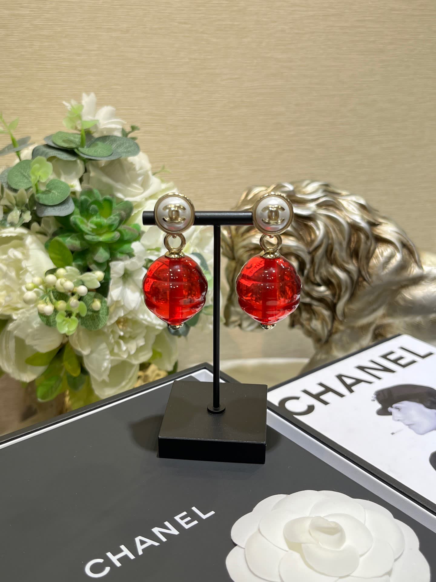 Chanel Red Crystal Earrings