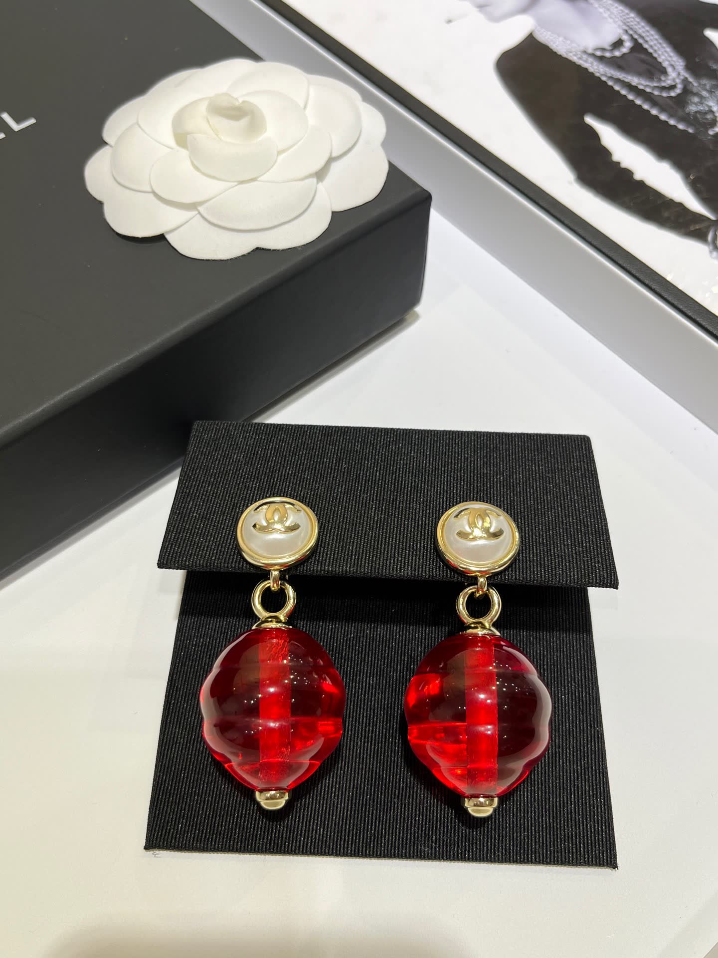 Chanel Red Crystal Earrings