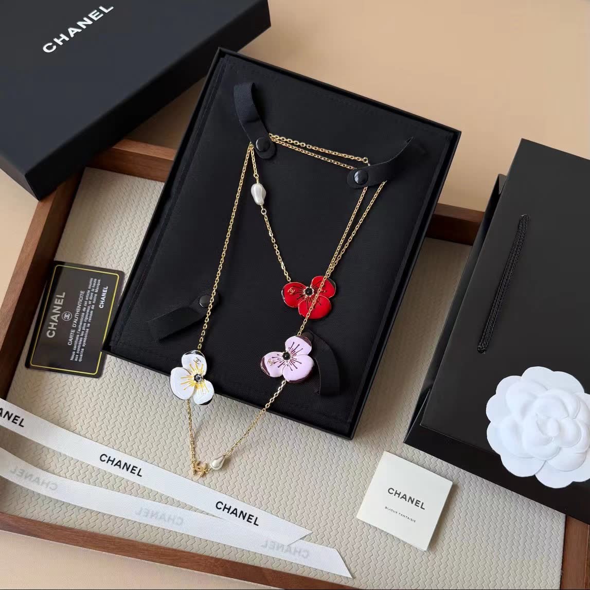 Chanel Camellia Earrings and Necklace Set