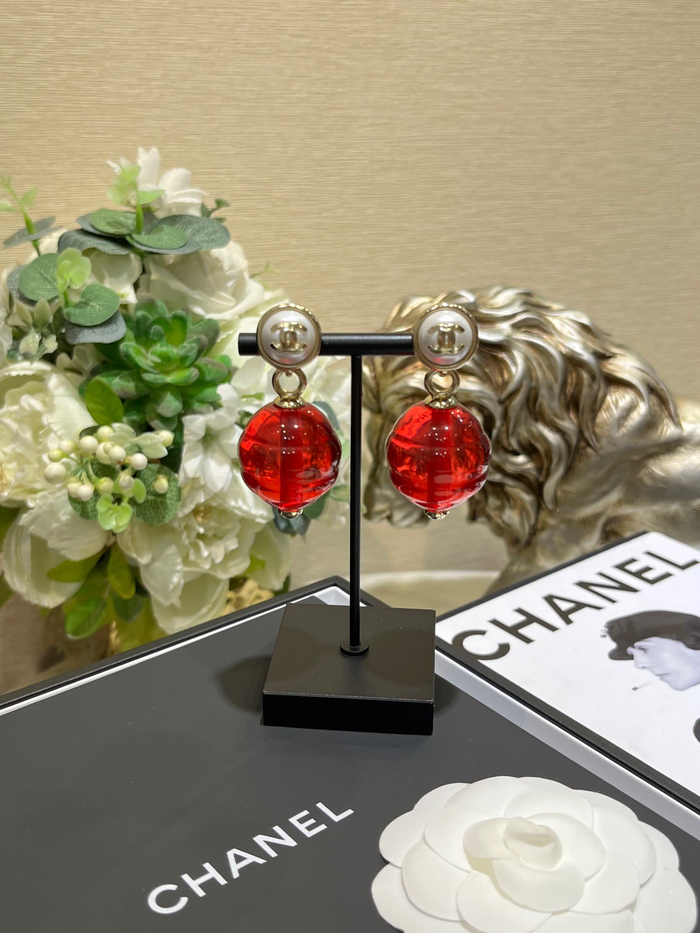 Chanel Red Crystal Earrings