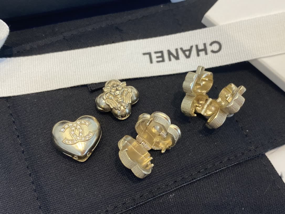 Chanel Gold Tone Flower and Heart Stud Earrings