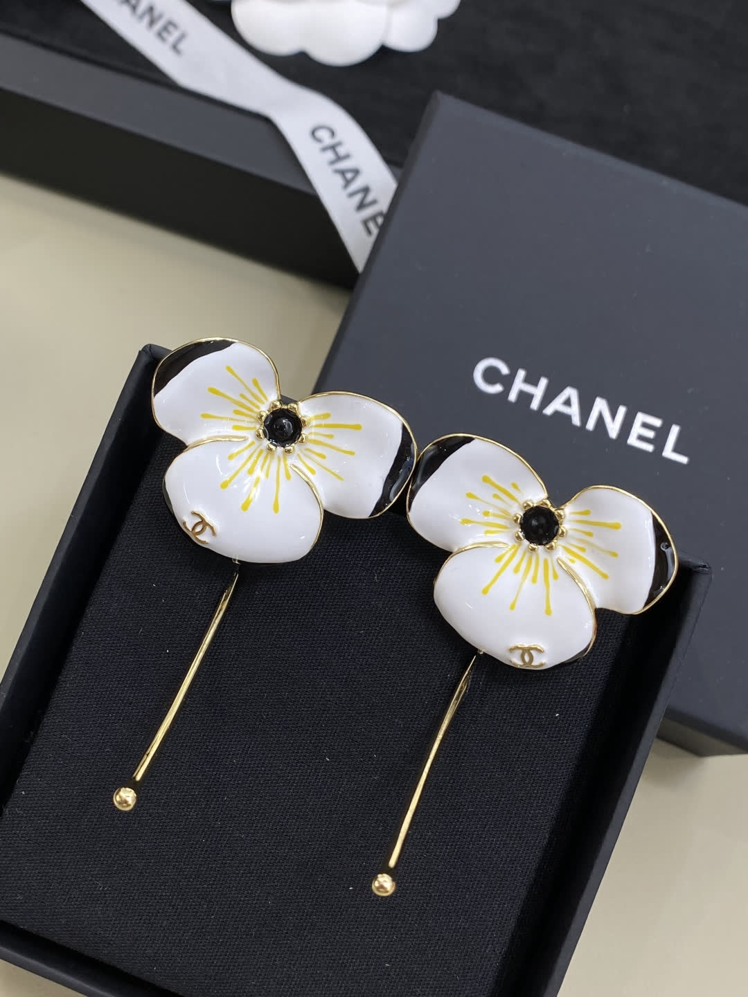 Chanel White Enamel Flower Earrings