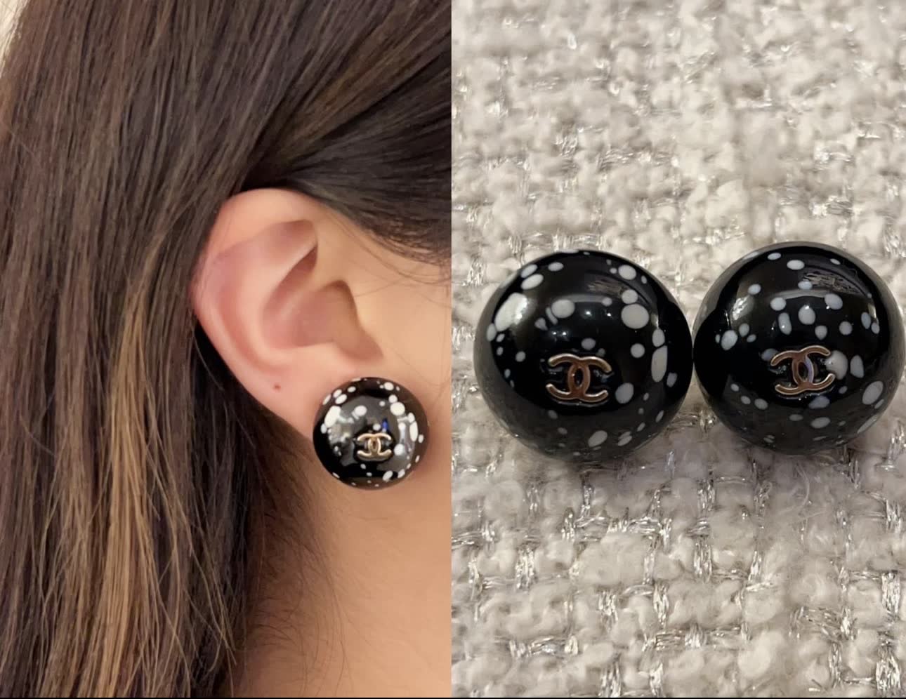 Chanel Black and White Polka Dot Earrings