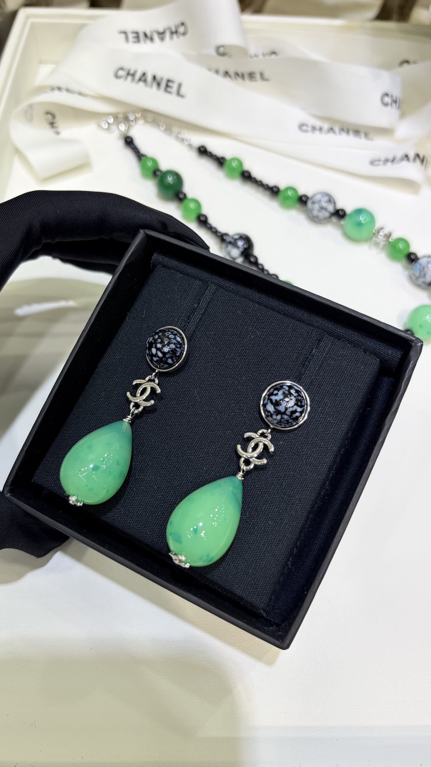 Chanel Black and Green Earrings