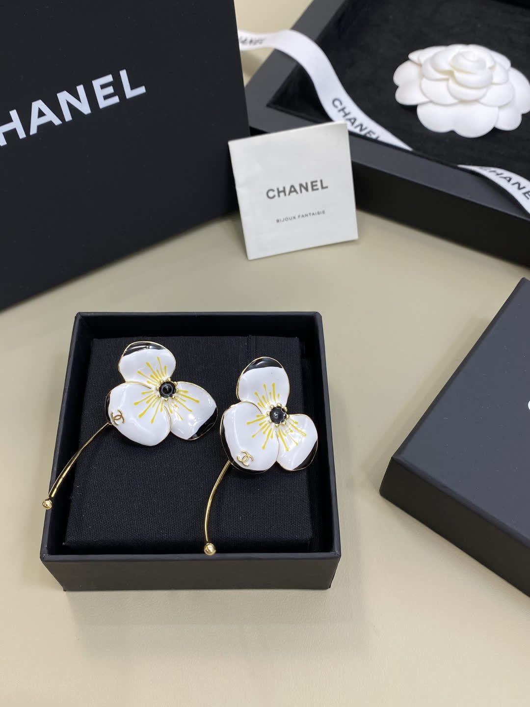 Chanel White Enamel Camellia Earrings