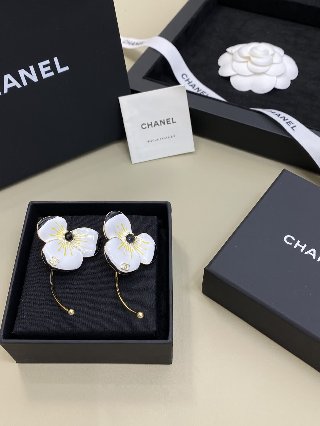 Chanel White Enamel Camellia Earrings