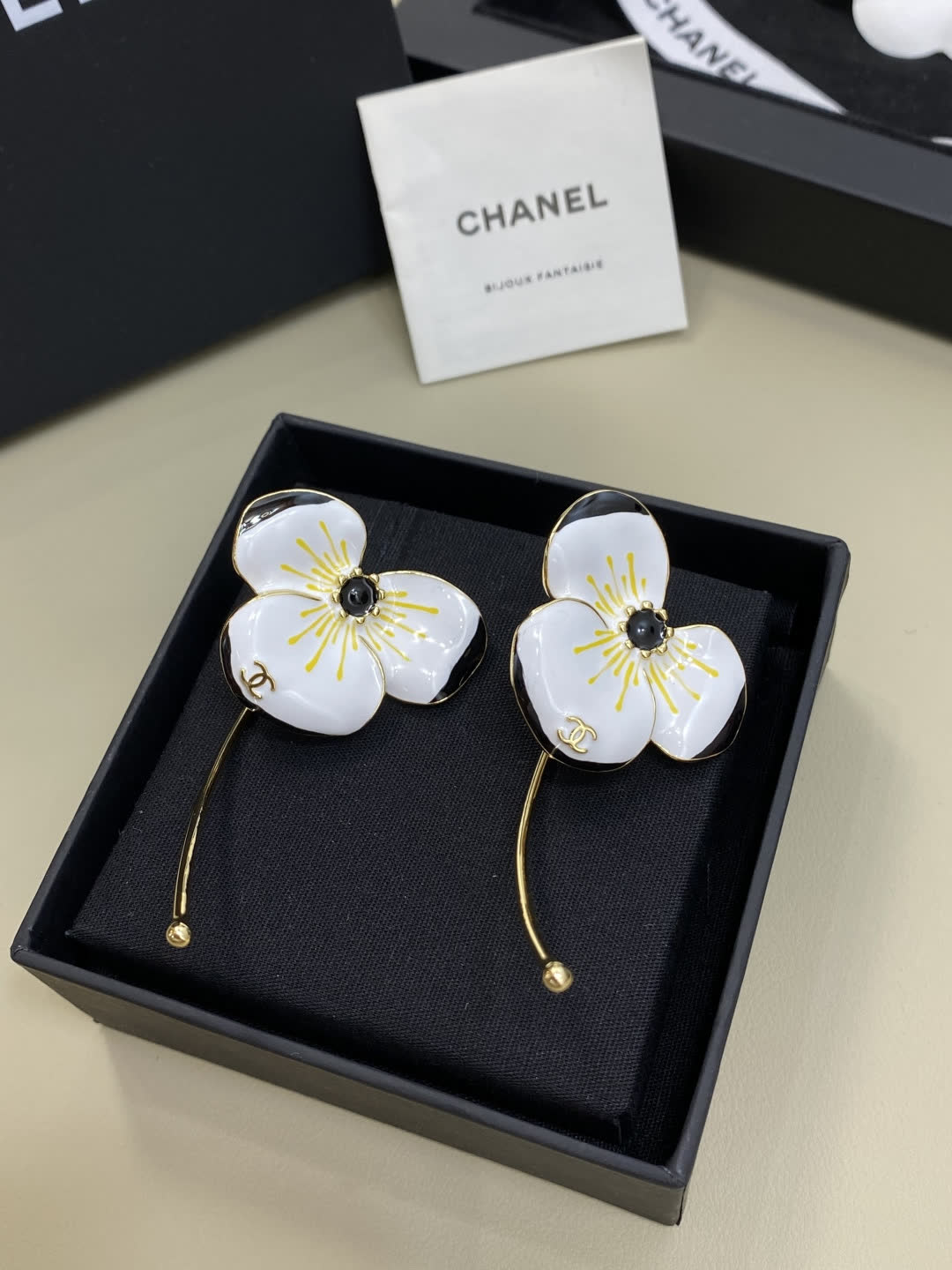 Chanel White Enamel Camellia Earrings