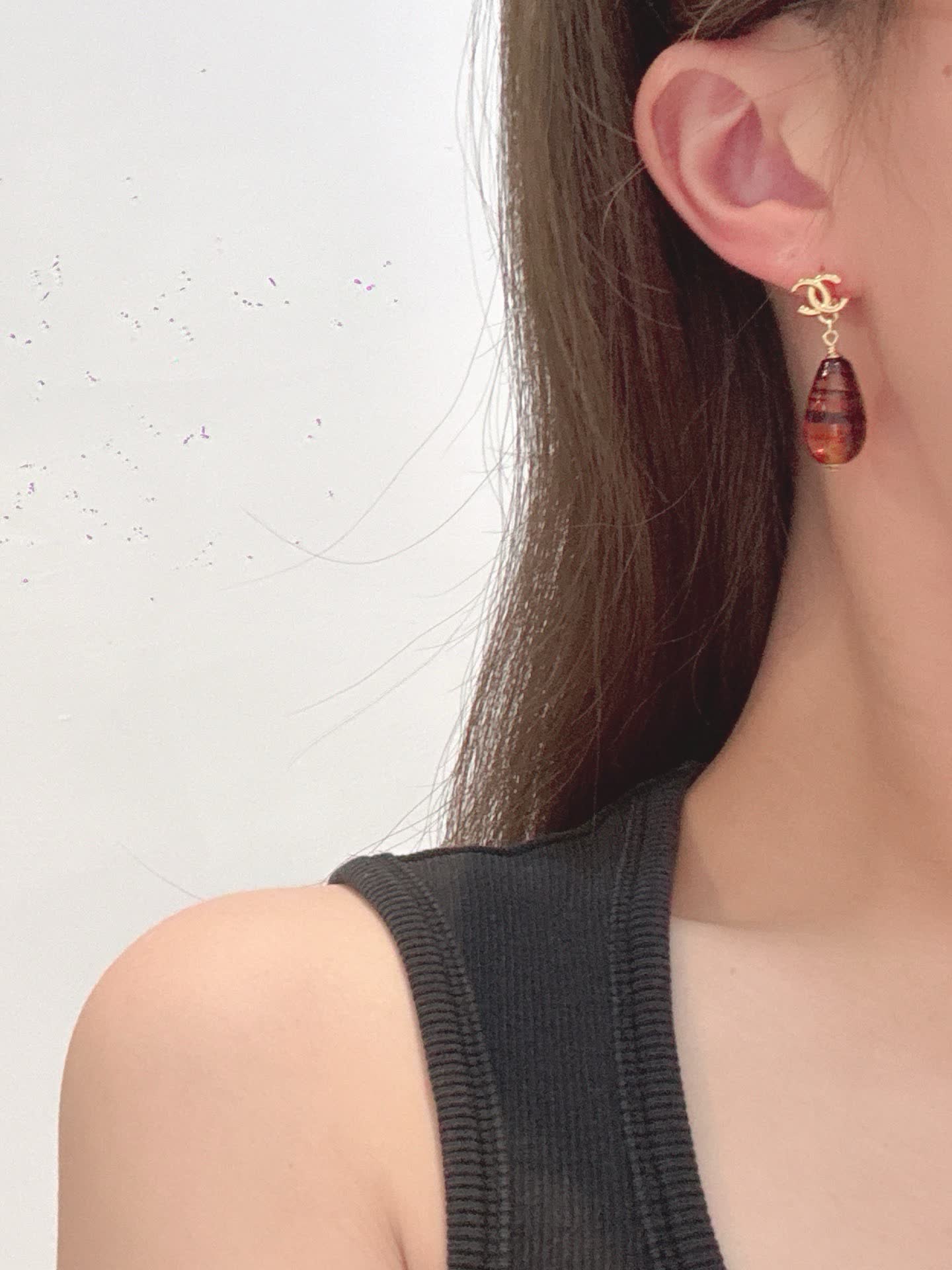 Chanel CC Logo Teardrop Earrings with Amber Bead Chanel CC Logo Teardrop Earrings with Amber Bead