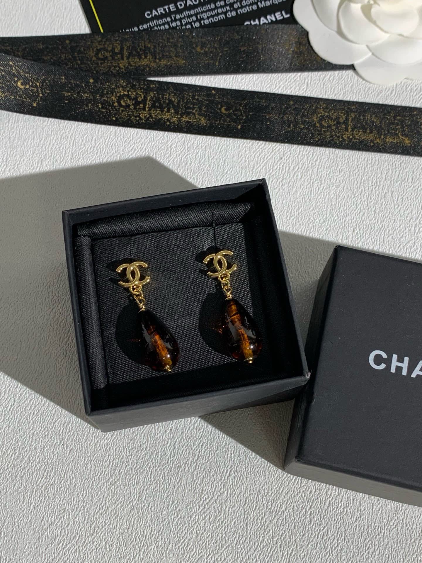 Chanel CC Logo Teardrop Earrings with Amber Bead