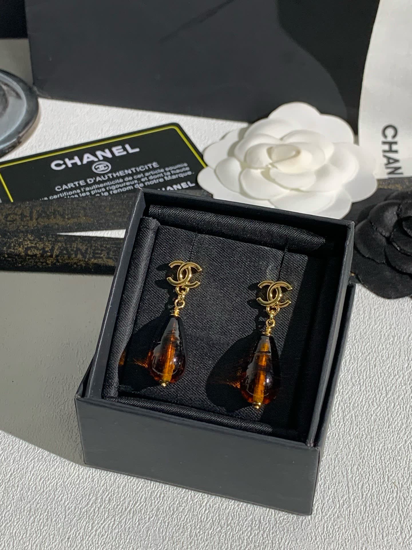 Chanel CC Logo Teardrop Earrings with Amber Bead