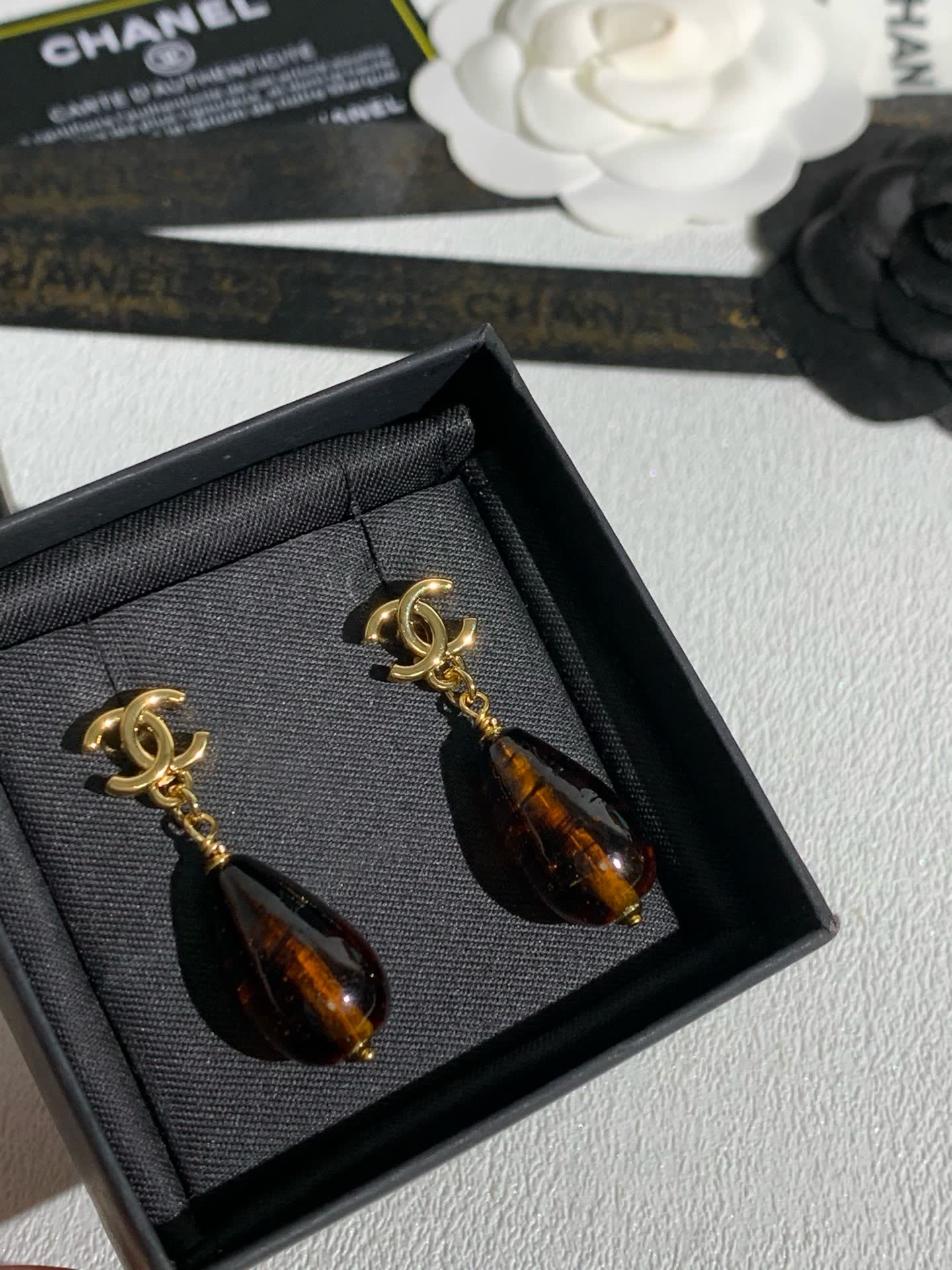 Chanel CC Logo Teardrop Earrings with Amber Bead