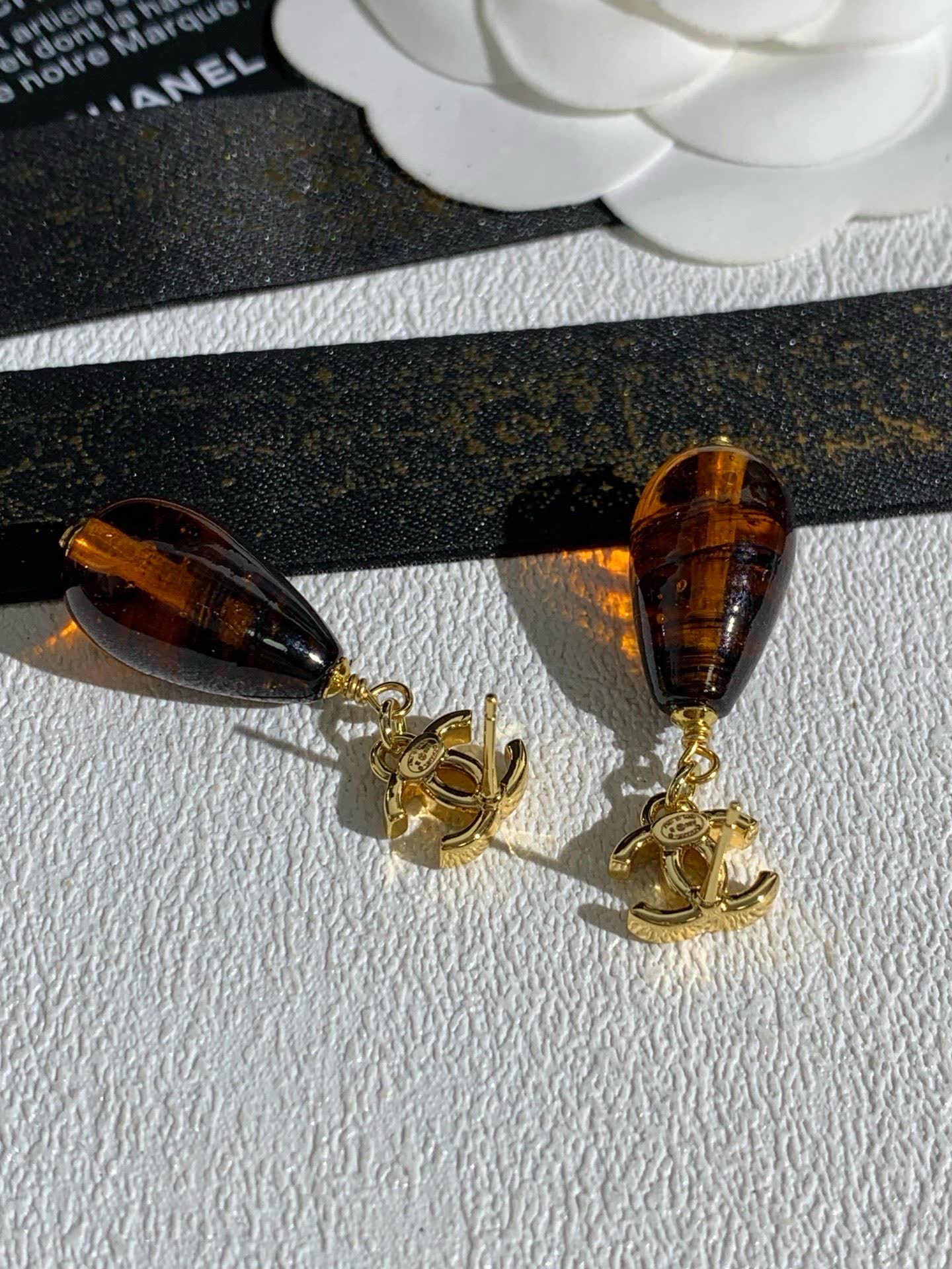 Chanel CC Logo Teardrop Earrings with Amber Bead