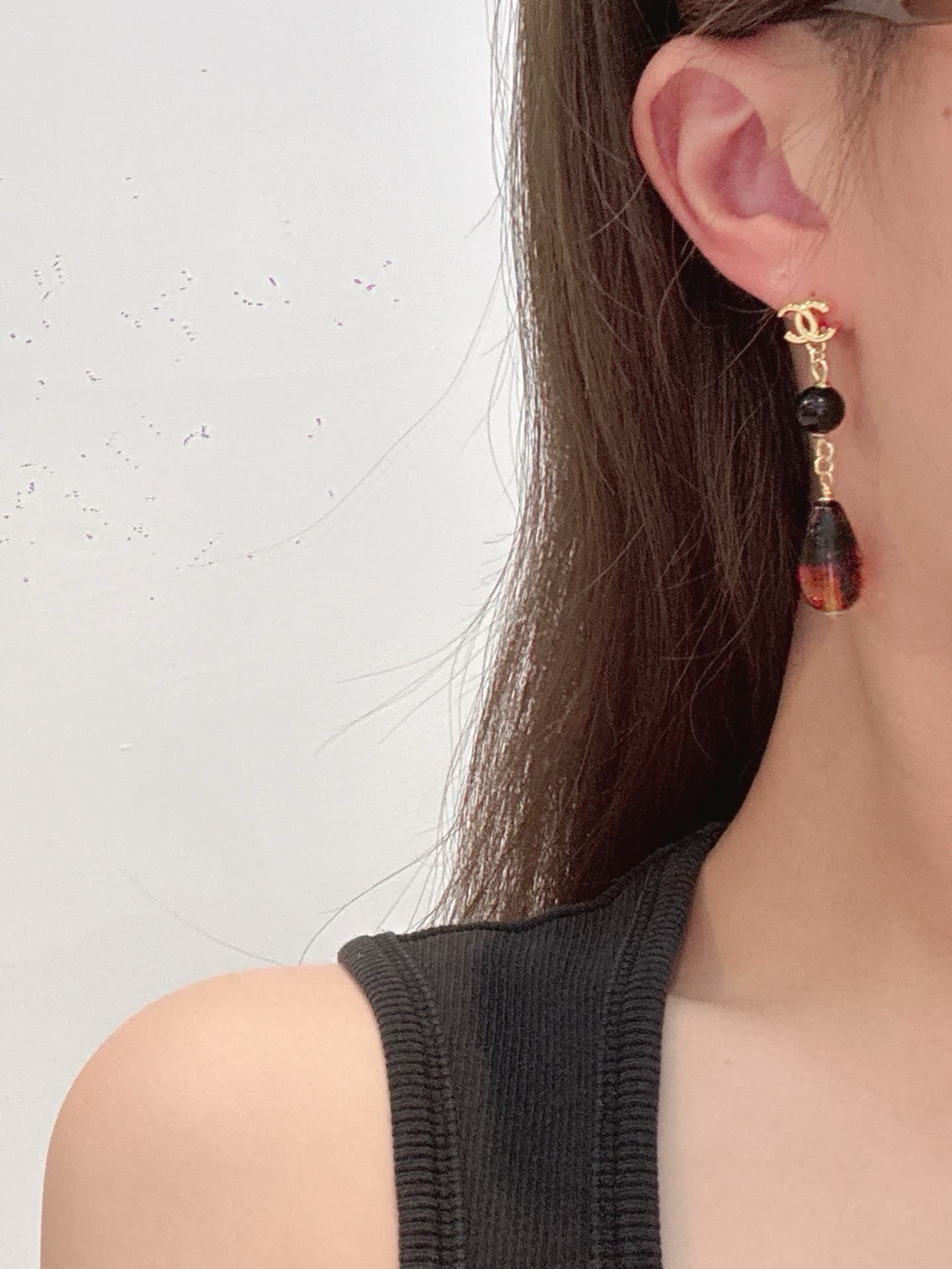 Chanel CC Logo Black and Brown Bead Drop Earrings Chanel CC Logo Black and Brown Bead Drop Earrings