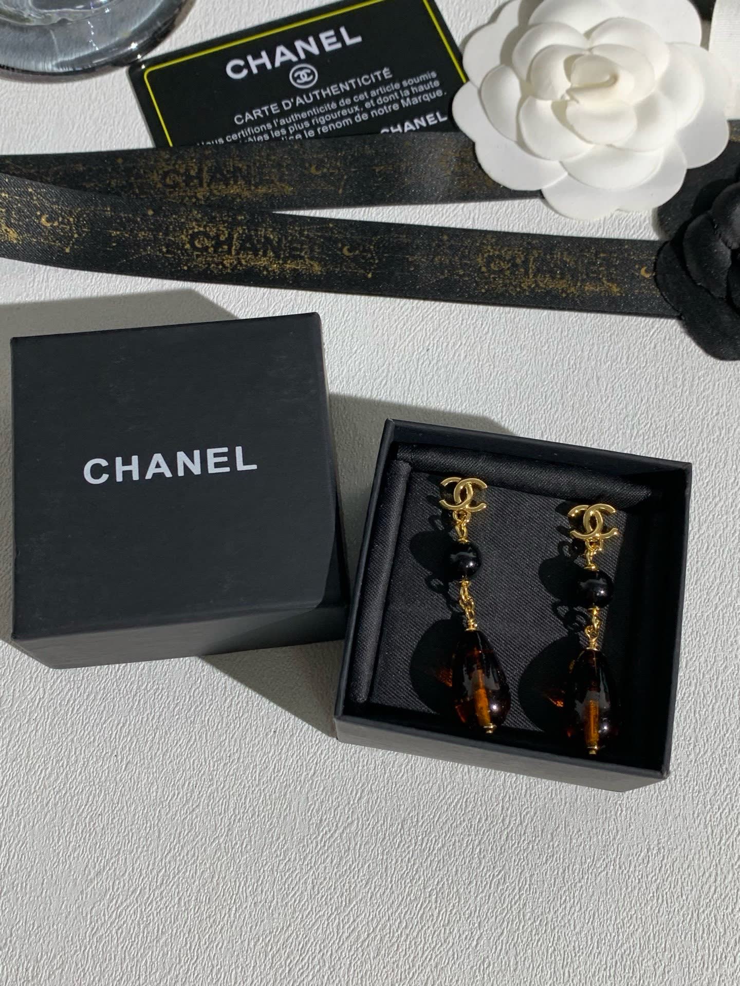 Chanel CC Logo Black and Brown Bead Drop Earrings
