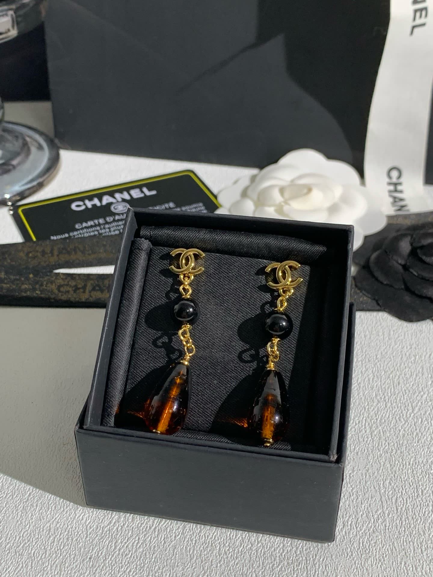 Chanel CC Logo Black and Brown Bead Drop Earrings