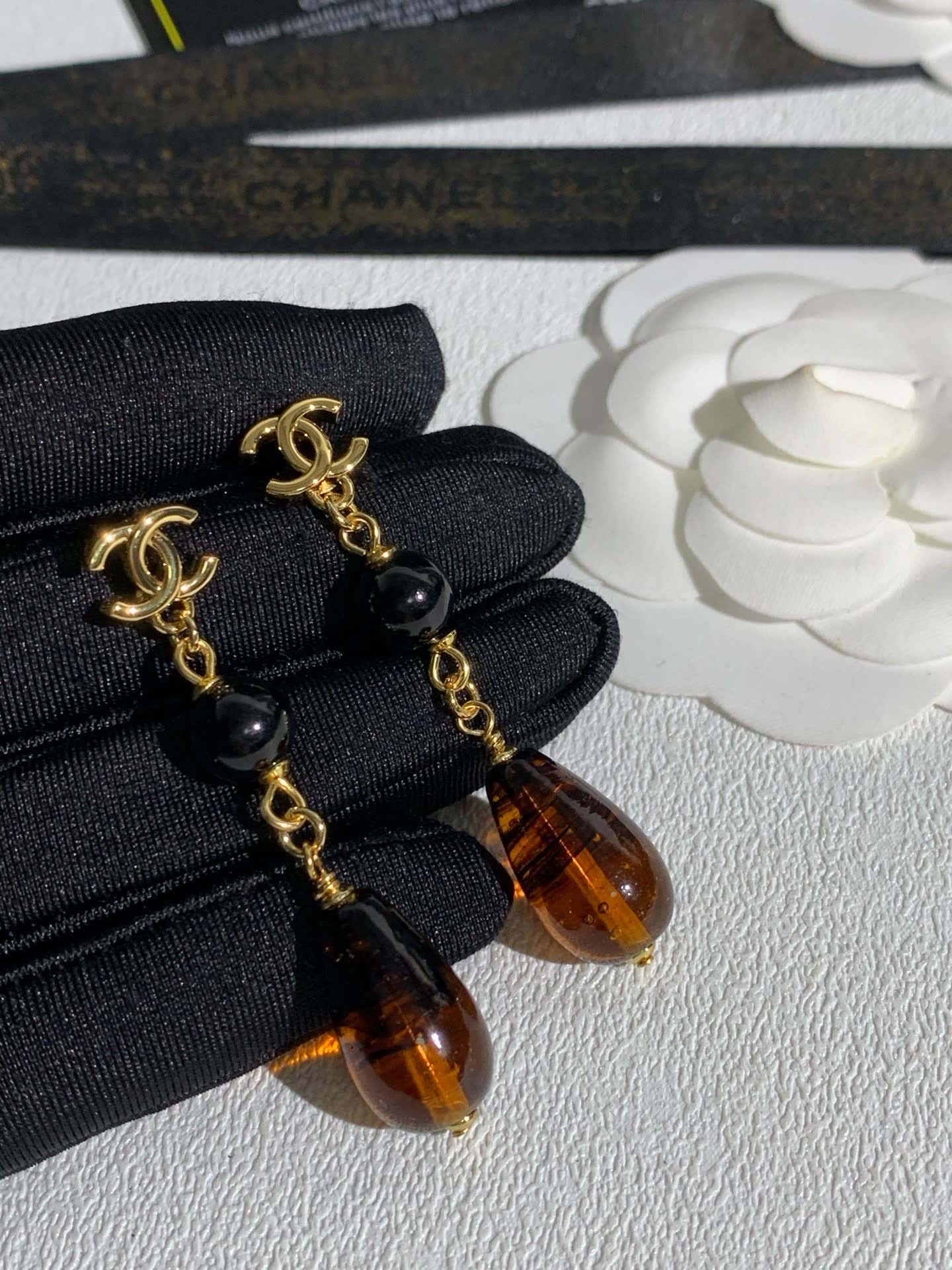 Chanel CC Logo Black and Brown Bead Drop Earrings