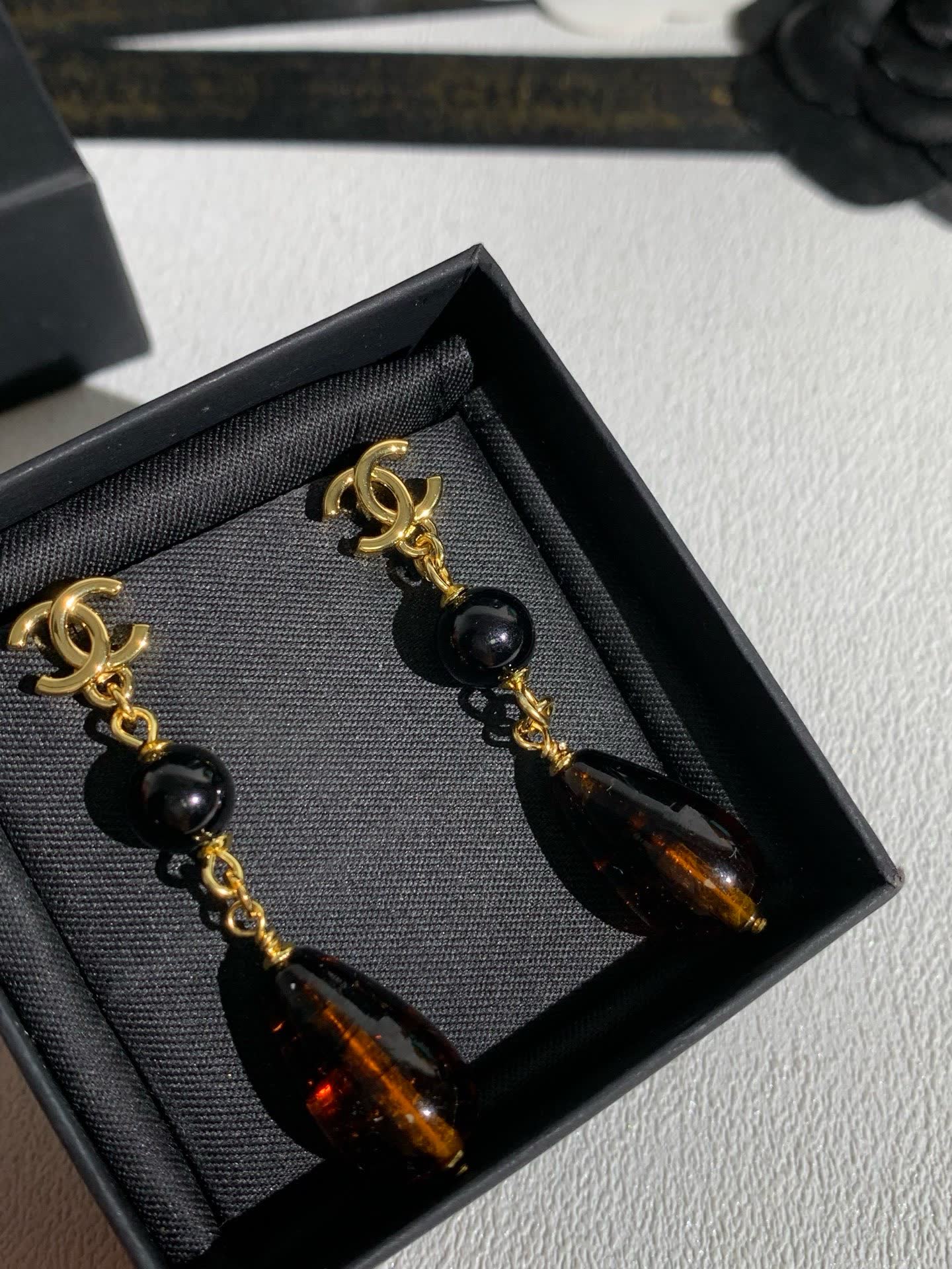 Chanel CC Logo Black and Brown Bead Drop Earrings