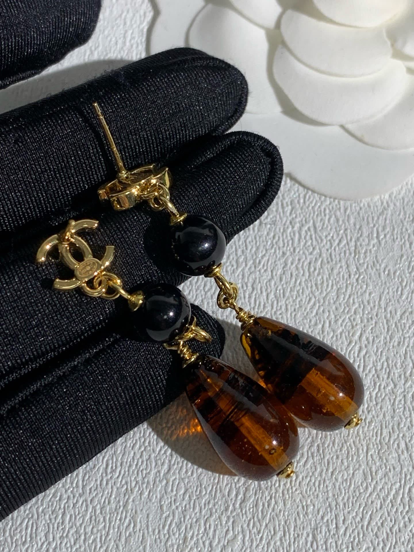 Chanel CC Logo Black and Brown Bead Drop Earrings