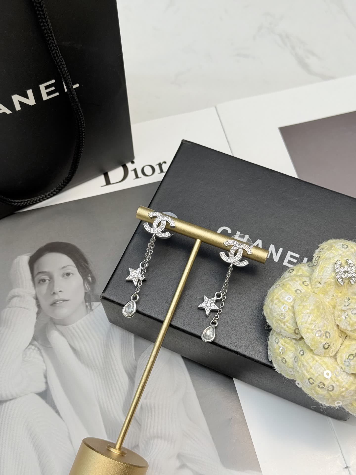 Chanel CC Logo Star and Teardrop Earrings