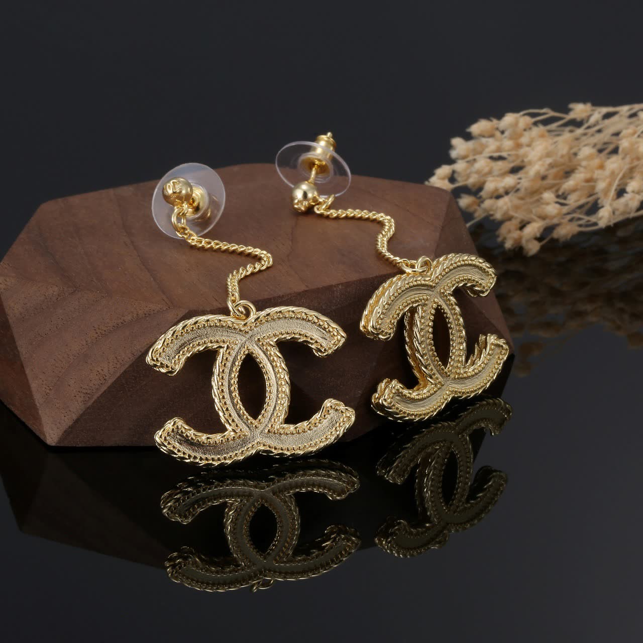 Chanel CC Logo Gold Tone Drop Earrings